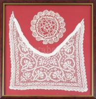 cca 1930 Csipke pár, üvegezett keretben, 33x32 cm