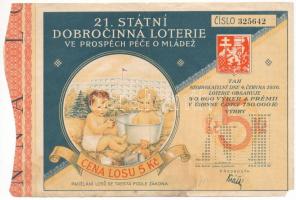 Csehszlovákia 1936. "21. Státní Dobročinná Loterie ve Prospěch péče o mládež (21. jótálonycélú államsorsjáték)" sorsjegy, "FORTUNA JELLINEK A SPOL BRATISLAVA, LAURINSKÁ 17" bélyegzéssel T:F középen lyuk, kis anyaghiány Czechoslovakia 1936. "21. Státní Dobročinná Loterie ve Prospěch péče o mládež (21st State Charity Lottery in Support of Youth Care)" lottery ticket, with "FORTUNA JELLINEK A SPOL BRATISLAVA, LAURINSKÁ 17" cancellation C:F hole at the middle, small missing material