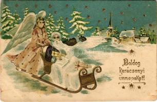 Boldog karácsonyi ünnepeket! Mikulás / Christmas greeting art postcard with Saint Nicholas, angel an...