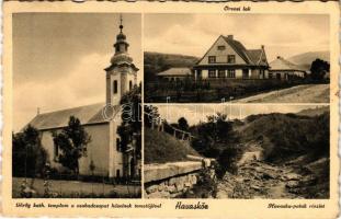 1940 Havasköz, Görög katolikus templom a szabadcsapat hőseinek temetőjével, Orvosi lak, Havaska patak / Greek Catholic church, cemetery, Medical house, creek (EK)