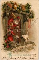 1902 Karácsonyi üdvözlet. Mikulás macskával a kandallónál / Christmas greeting art postcard with Sai...
