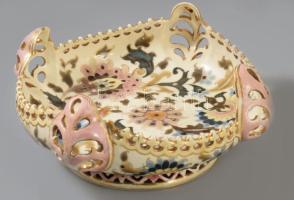 cca 1885 Zsolnay arabos díszítésű kínáló, jelzett, családi pecsét, restaurált, d: 24 cm, m: 9 cm