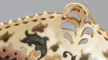 cca 1885 Zsolnay arabos díszítésű kínáló, jelzett, családi pecsét, restaurált, d: 24 cm, m: 9 cm