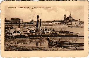 1917 Komárom, Komárnó; Duna részlet, STEFÁNIA oldalkerekes vontató gőzhajó / Danube river, port, Hungarian side wheeler tug steamship (szakadás / tear)