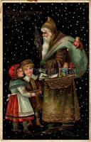 1910 Boldog karácsonyi ünnepeket! Mikulás gyerekekkel / Christmas greeting art postcard with Saint N...