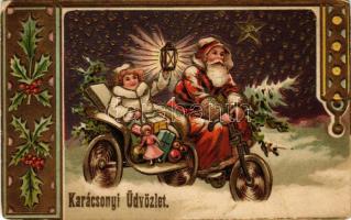 Karácsonyi üdvözlet. Mikulás oldalkocsis motorkerékpáron / Christmas greeting art postcard with Sain...