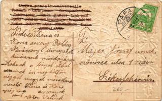 Karácsonyi üdvözlet. Mikulás oldalkocsis motorkerékpáron / Christmas greeting art postcard with Sain...