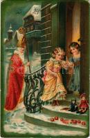 1914 Karácsonyi üdvözlet. Mikulás / Christmas greeting art postcard with Saint Nicholas, toys and ch...