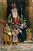1912 Gruss vom Nicolo / Üdvözlet a Mikulástól / Christmas greeting art postcard with Saint Nicholas ...