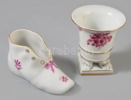 Herendi virág mintás cipőcske és kis talpas váza. Kézzel festett, jelzett, hibátlan 11 cm, 8 cm