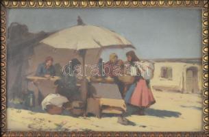 Pörge Gergely (1858-1930): Piac. Olaj, fa. Jelezve jobbra lent. Hátoldalán Pörge Gergely autográf fe...