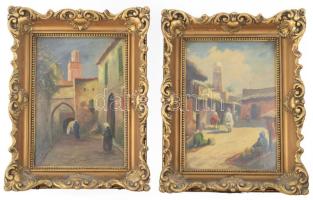 báró Szveteney György (1871-1952), 2 db mű: Keleti piac és orientális utcarészlet járókelőkkel. Olaj, karton. Jelezve jobbra lent. Dekoratív, üvegezett, kissé sérült fakeretben. 34×25 cm.