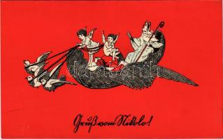 1927 Gruss vom Nikolo / Üdvözlet a Mikulástól / Christmas greeting art postcard with Saint Nicholas ...