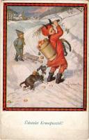 Üdvözlet Krampusztól! / Krampus greeting art postcard with dog and birch. Nr. 22-211. s: H. Schubert...