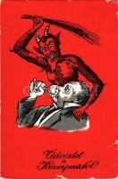 1937 Üdvözlet a Krampusztól! / Krampus greeting art postcard with birch and man (szakadások / tears)