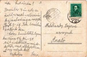 1937 Üdvözlet a Krampusztól! / Krampus greeting art postcard with birch and man (szakadások / tears)