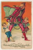 Üdvözlet a Krampusztól! / Krampus greeting art postcard with chains and crying children (b)