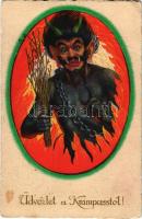 Üdvözlet a Krampusztól! / Krampus greeting art postcard with flames and brich (fa)