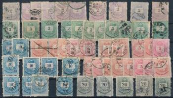 54 db Színesszámú bélyeg stecklapon, közte szép bélyegzések, javítások, fogazatra és vízjelre átnézetlen