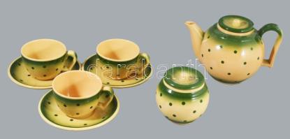 Gránit zöld pöttyös teás készlet 3 személyes. Matricás, jelzett, egyik csészén apró hajszálrepedéssel