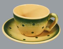 Gránit zöld pöttyös teás készlet 3 személyes. Matricás, jelzett, egyik csészén apró hajszálrepedésse...