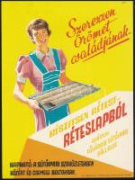1967 Szerezzen örömet családjának.. Készítsen rétest réteslapból, gyártja: Fővárosi sütőipari Vállalat, kapható: a sütőipari szaküzletekben, Közért és Csemege boltokban. Reklámplakát, villamosplakát, papír. Jelzés nélkül. Zrínyi (T) Nyomda. 22,5×16,5 cm