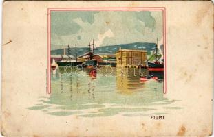 Fiume, Rijeka; kikötő, hátoldalon Fiumei Rizs Fénykeményítő védjegy. Bruchsteiner és fia / port, with advertisement on the backside. litho (fl)