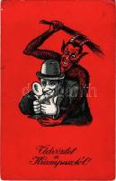 Üdvözlet a Krampusztól! / Krampus greeting art postcard with birch and man (kopott sarkak / worn cor...