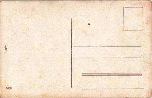 Üdvözlet a Krampusztól! / Krampus greeting art postcard with birch and man (kopott sarkak / worn cor...