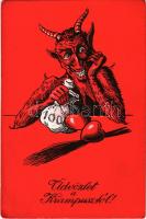 Üdvözlet a Krampusztól! / Krampus greeting art postcard with hearts, birch and a bag of money (EM)