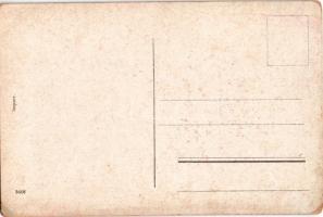 Üdvözlet a Krampusztól! / Krampus greeting art postcard with hearts, birch and a bag of money (EM)