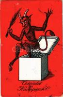 Üdvözlet a Krampusztól! / Krampus greeting art postcard, jack-in-the-box toy (kopott sarkak / worn c...