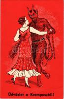 1933 Üdvözlet a Krampusztól! / Krampus greeting art postcard, Krampus dancing with lady (EB)