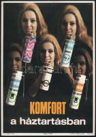 cca 1973 Komfort a háztartásban, reklámplakát, villamosplakát, papír, fotó: Németh Andrea (1946-), jelzés nélkül, Offset-nyomda, apró lapszéli elszíneződésekkel, 24x17 cm.