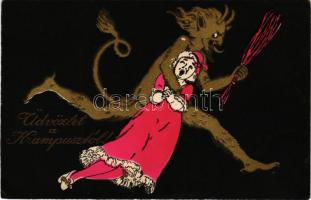 1935 Üdvözlet a Krampusztól! / Krampus greeting art postcard, Krampus with birch and crying girl (EB...