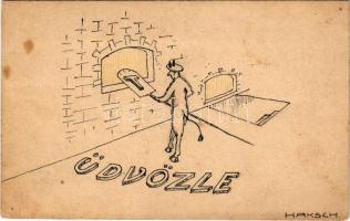 1925 Üdvözlet a Krampusztól! / Krampus greeting art postcard, Krampus firing bricks in a kiln s: Hak...