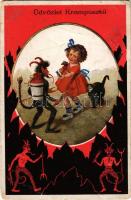 1923 Üdvözlet a Krampusztól! / Krampus greeting art postcard with birch, girl and cat. Art Nouveau, ...