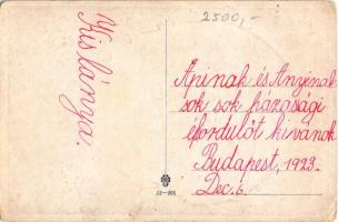 1923 Üdvözlet a Krampusztól! / Krampus greeting art postcard with birch, girl and cat. Art Nouveau, ...