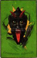 1918 Krampusz üdvözöl / Krampus greeting art postcard with birch. Ser. 16463. litho (r)