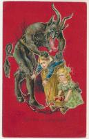 Üdvözlet a Krampusztól / Krampus greeting art postcard, glued on Krampus with children. B.K.W.I. 320...