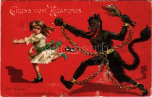 1917 Gruss vom Krampus / Krampusz üdvözlet / Krampus greeting art postcard, Krampus chasing a girl w...
