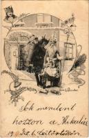 1900 6. December / Krampusz üdvözlet Mikulással / Krampus greeting art postcard with Saint Nicholas....