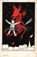 Krampusz üdvözlet / Krampus greeting art postcard, flying Krampus with boy in the night. Br. K. W. I...
