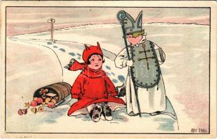 1924 Krampusz és Mikulás gyerekek / Krampus greeting art postcard, Krampus and Saint Nicholas as chi...