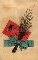 Krampusz üdvözlet / Krampus greeting art postcard with birch. Emb. litho (r)