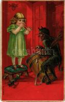 1907 Krampusz üdvözlet / Krampus greeting art postcard with girl. M.S.i.B. Emb. litho (EM)