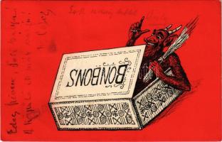 Bonbons / Krampusz üdvözlet / Krampus greeting art postcard, Krampus jumping out of a candy box. C. ...