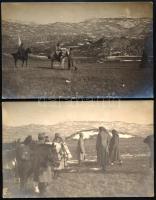 cca 1918 Balkáni front, osztrák-magyar és montenegrói tisztek tárgyalnak a fegyverletételről, 2 db I. világháborús fotólap, a hátoldalon feliratozva, az egyik pecséttel jelzett (M. kir. VII/4. népfölkelő gyalogzászlóalj 3. század), 9x14 cm