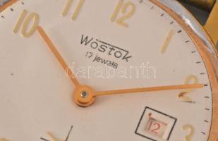 Vosztok 17 köves, acél tokos, kézi felhúzós karóra, működő állapotban, sérült plexivel 33 mm