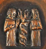 Tevan Margit (1901-1978): Tálka figurális díszítéssel, fém, jelzett, kissé kopott, d: 24,5 cm